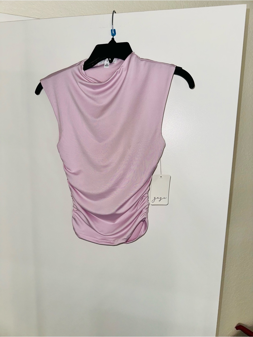 Gage  Pale Pink Mock Neck Sleeveless Tank with Side Ruching
